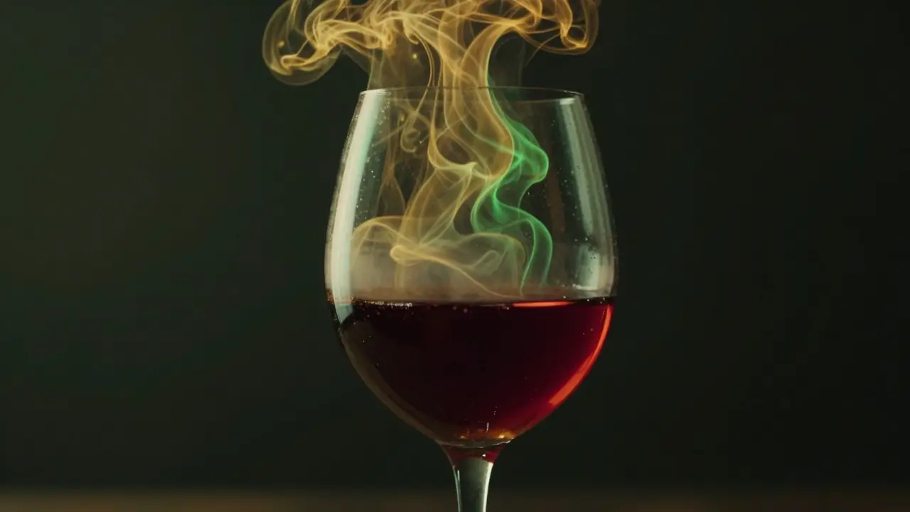 Visualisierung von Terpenen und Aromen, die in einem halb gefüllten Weinglas aufsteigen.