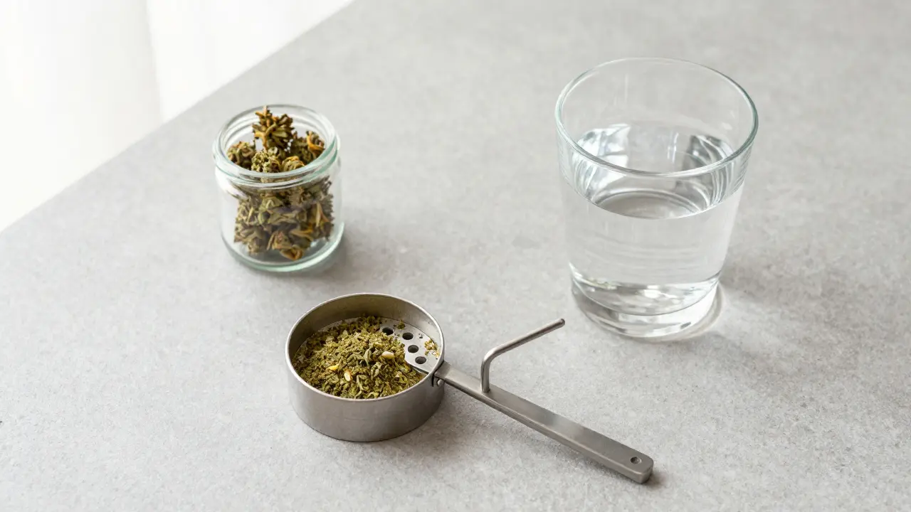 Vorbereitungsstation mit CBD-Grinder und Blüten auf einem Steintisch