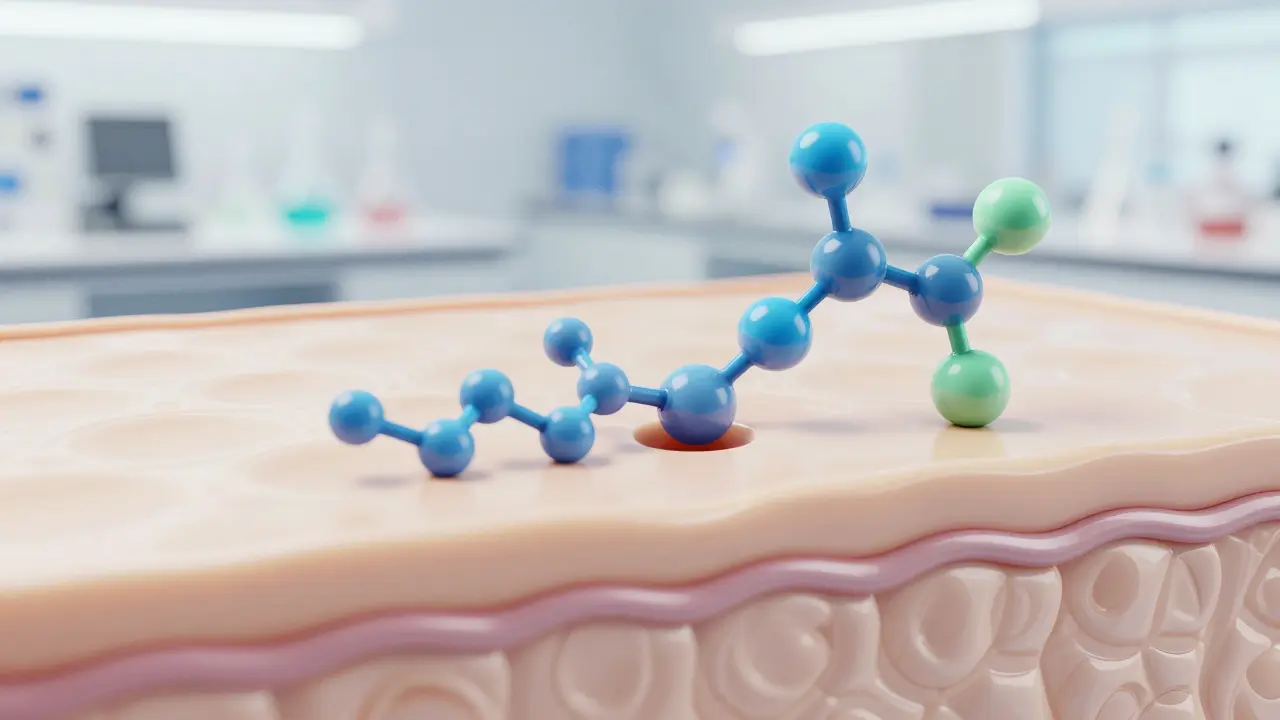 3D-Visualisierung von CBG-Molekülen, die tief in Hautschichten eindringen.