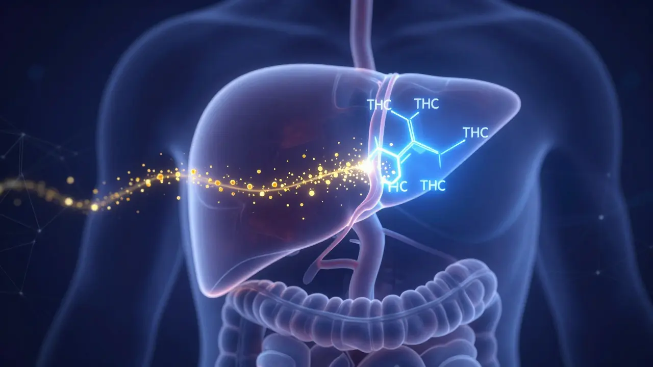 Abstrakte Darstellung der Leberverarbeitung von THC in 11-Hydroxy-THC