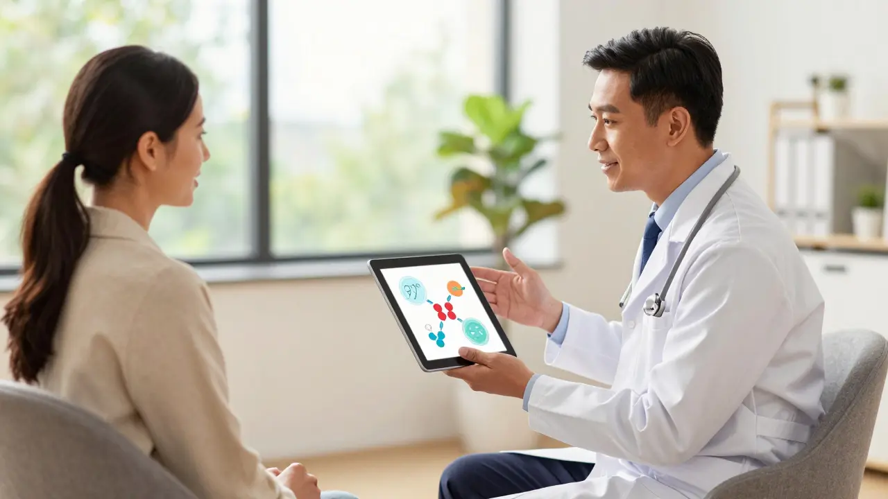 Arzt und Patient besprechen Lebergesundheit und Medikamentenwechselwirkungen im Büro.