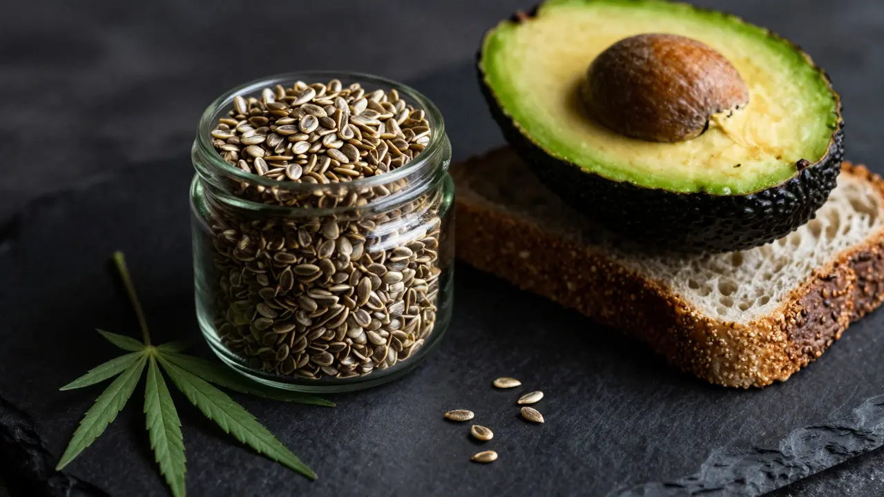 Avocado-Toast und Glas mit Hanfherzen im stilvollen Stillleben