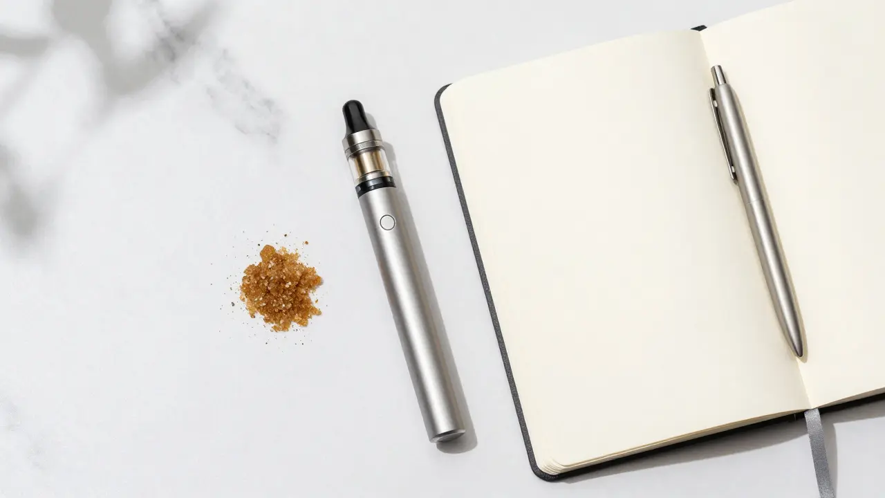 CBD-Hash neben Vaporizer und Notizbuch zur Dosierung