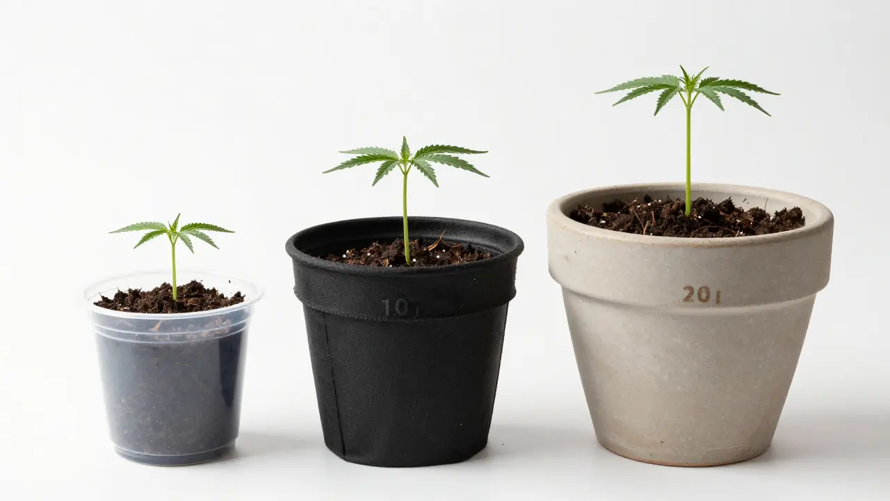 Drei verschiedene Töpfe mit jungen Cannabis-Sämlingen