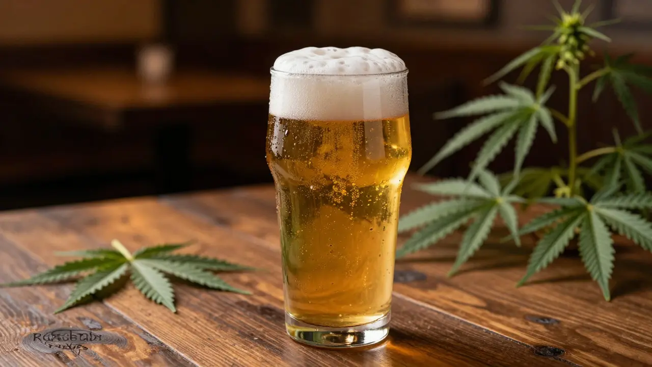 Ein Glas Cannabis-Bier auf einem Holztisch in gemütlicher Atmosphäre.