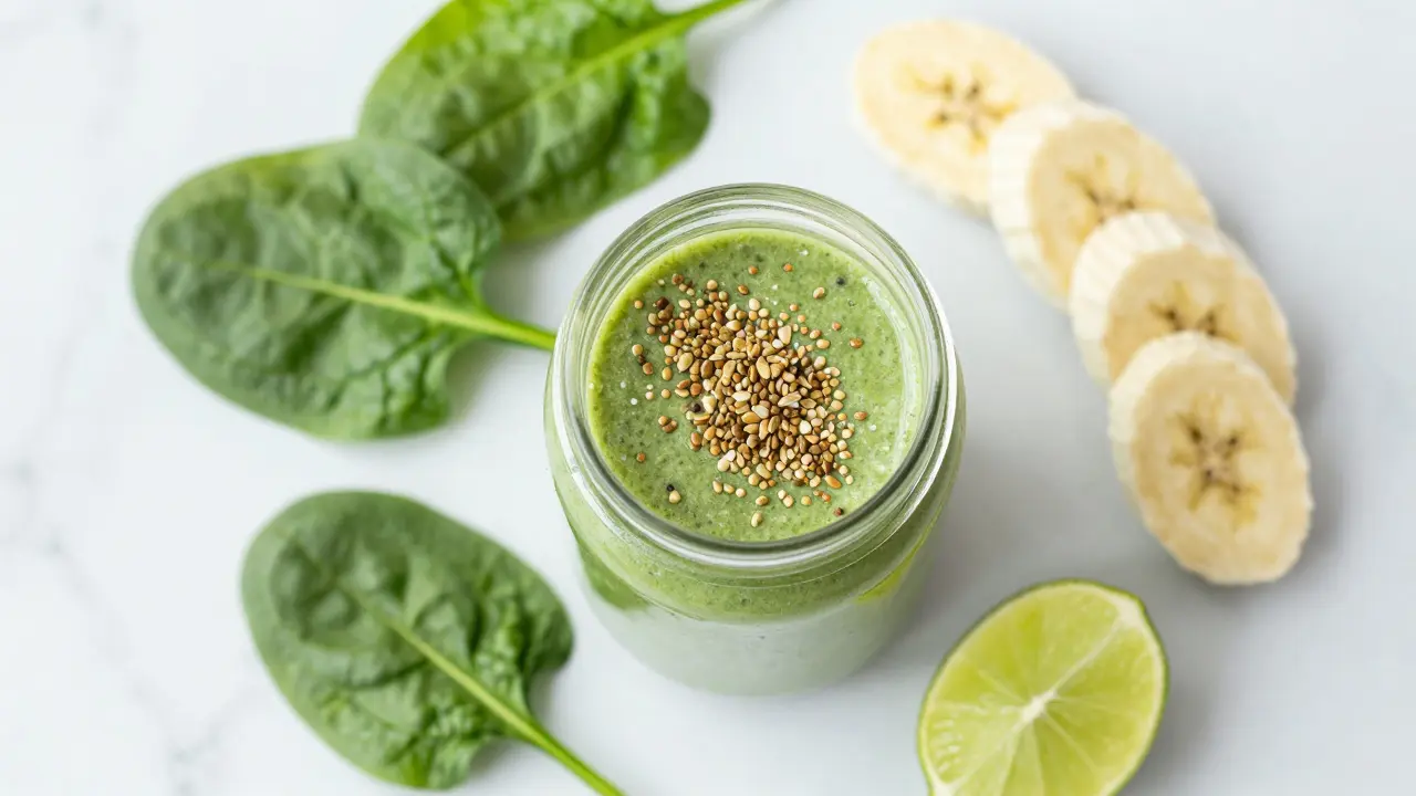 Grüner Smoothie mit Hanfherzen und frischen Zutaten auf Marmorplatte