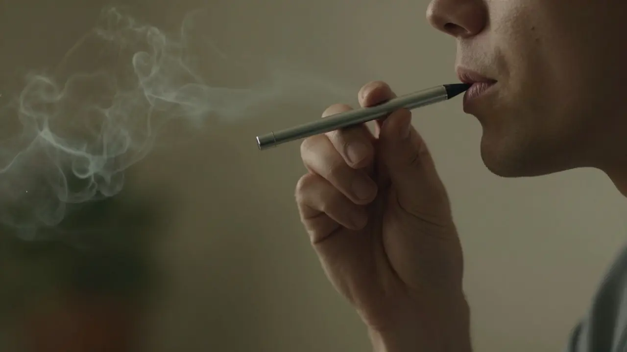 Hand hält Vape-Pen beim Inhalieren, ruhige Atmosphäre