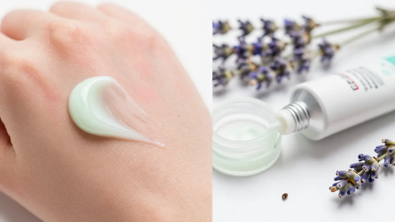 Hand trägt CBD-Salbe auf Haut auf, Kortisoncreme im Hintergrund