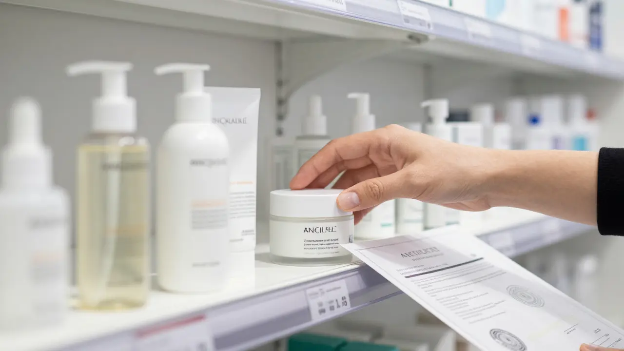 Hand wählt ein Hautpflegeprodukt in einer Apotheke neben einem Qualitätszertifikat.