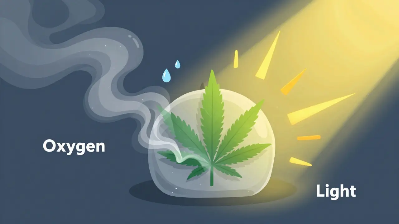 Illustration der drei Feinde von Edibles: Sauerstoff, Feuchtigkeit und Licht zersetzen das Produkt.