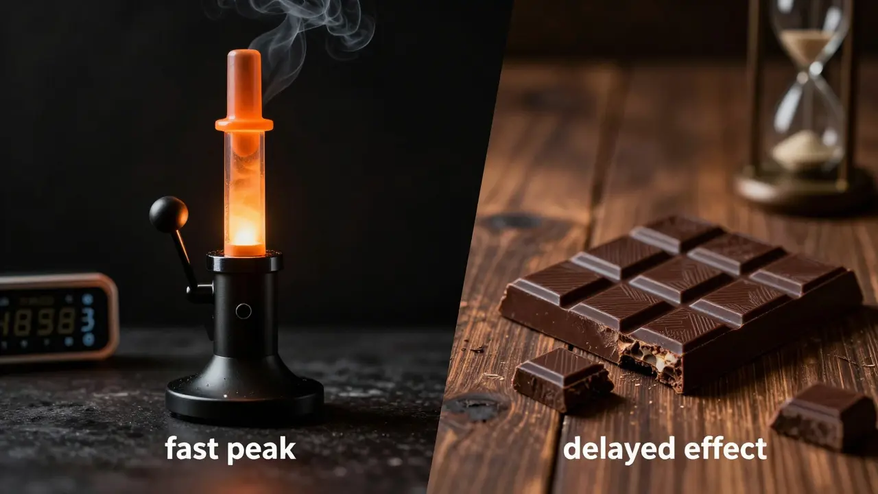 Kontrast zwischen Dab-Rig mit Dampf und Cannabis-Schokolade auf Holz