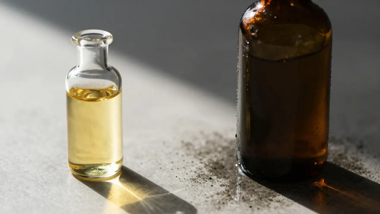 Kontrast zwischen reinem Öl in hellem Licht und verdunkelter, verunreinigter Flasche.