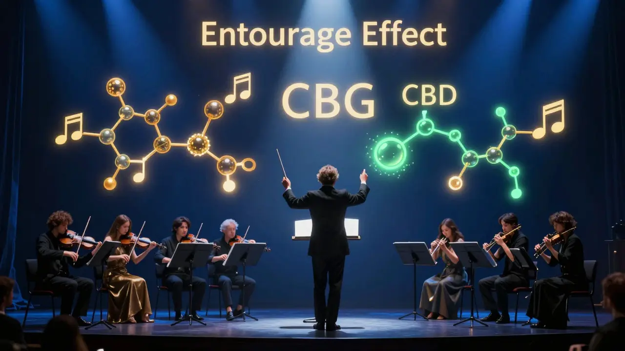 Künstlerische Darstellung des Entourage-Effekts: Ein Dirigent führt molekulare Symphonie.