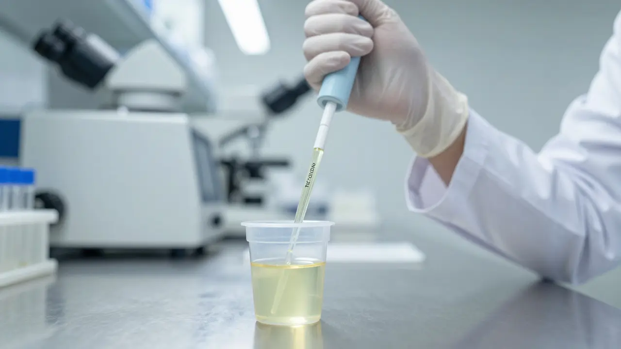 Laborumgebung mit Urinprobe und Teströhren, die den Prozess der Drogentestung und Nachweis von THC-COOH symbolisieren.