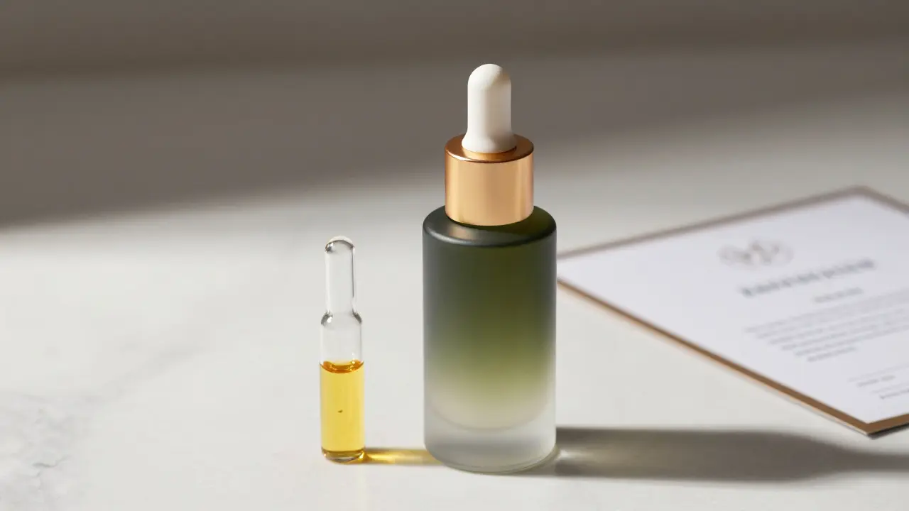 Luxuriöse Flasche mit CBG-Öl auf Marmoroberfläche mit Laborzertifikat.