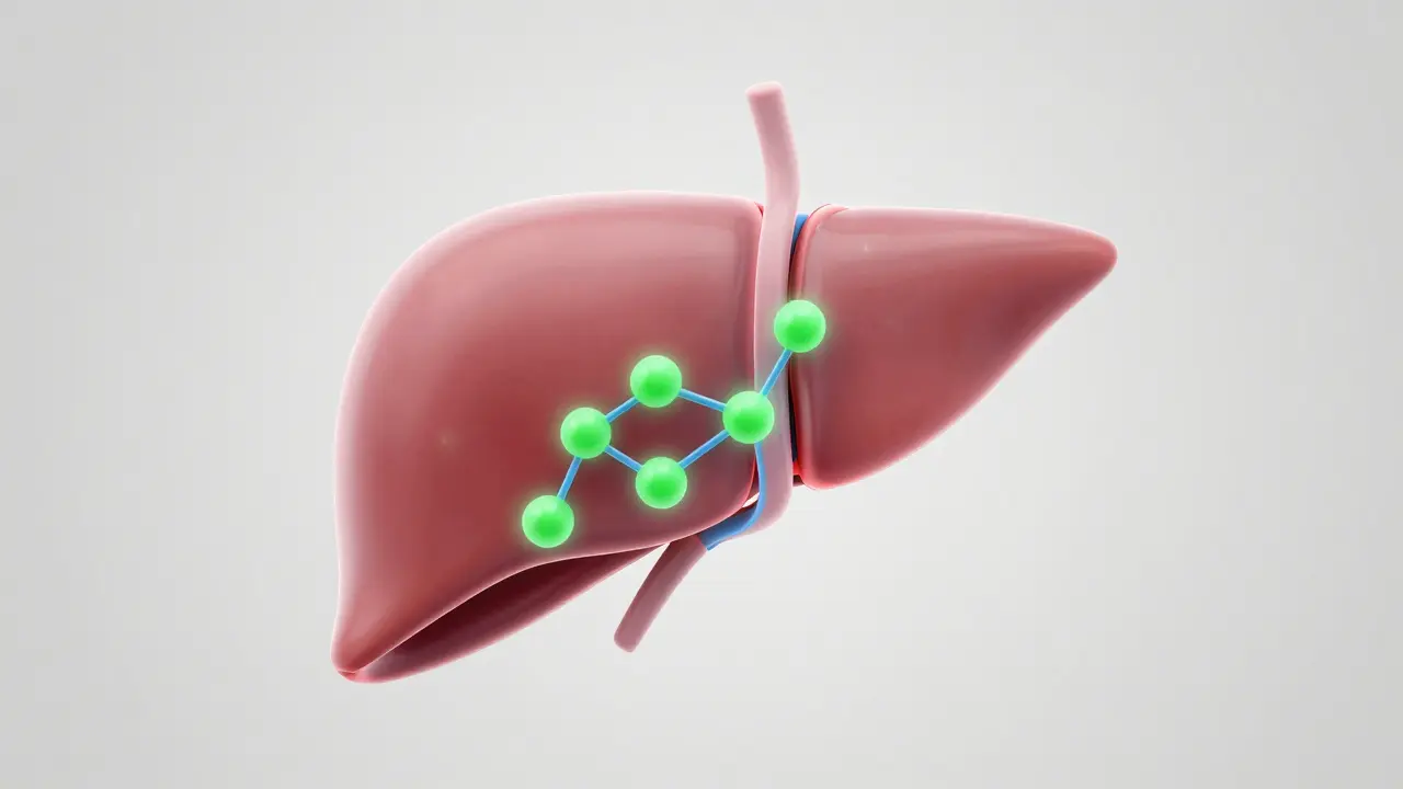 Medizinische Illustration der Leber mit CBD-Molekülen und Enzymen