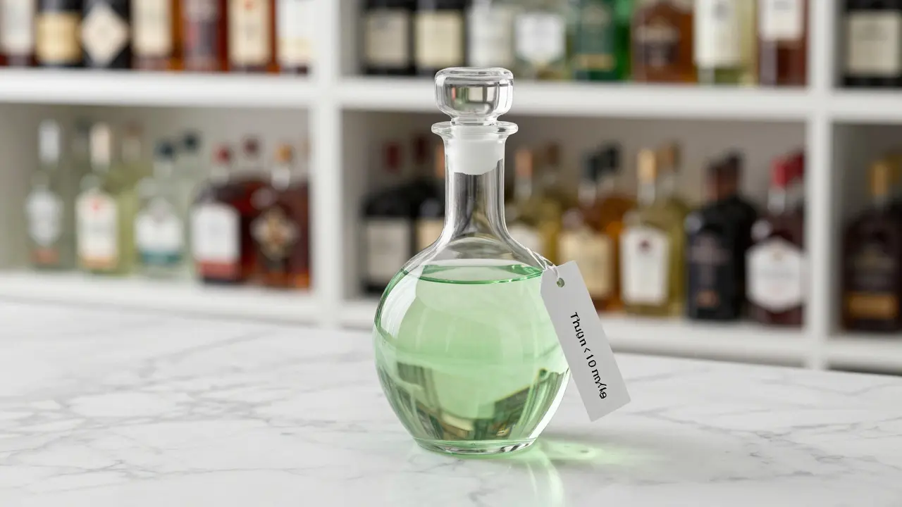 Moderne Flasche mit niedrigem Thujongehalt auf Marmorplatte bei hellem Licht