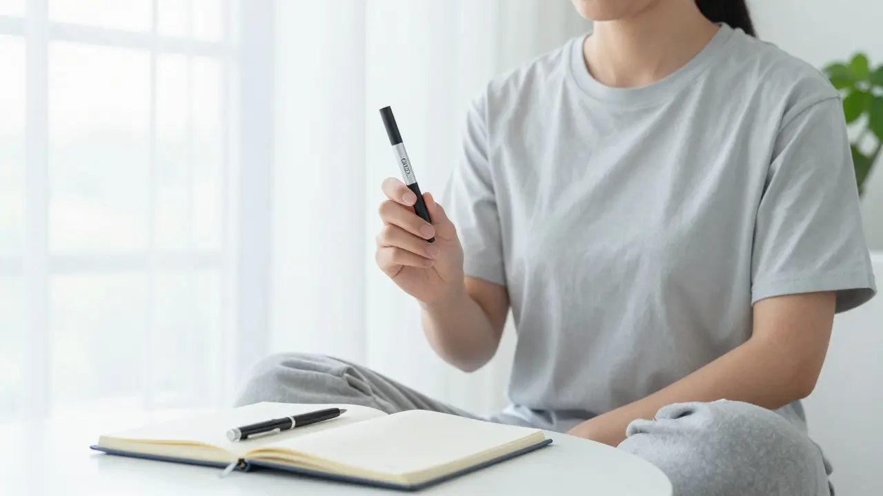 Person entspannt im hellen Raum mit CBD-Pen und Notizbuch
