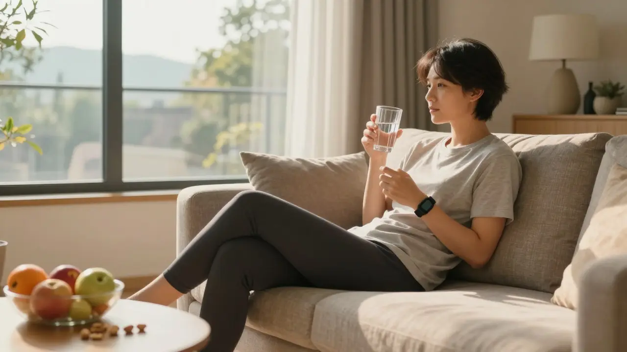 Person in einem hellen Wohnzimmer mit Glas Wasser und gesunder Ernährung, die Geduld und natürliche Ausscheidung darstellt.