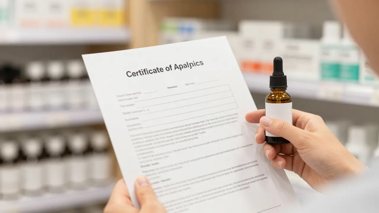 Person prüft Laborzertifikat neben einer Flasche CBD-Öl für Qualitätssicherung