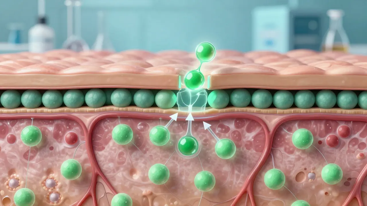 Schematische Darstellung der Hautbarriere und lokale Aufnahme von CBD-Molekülen