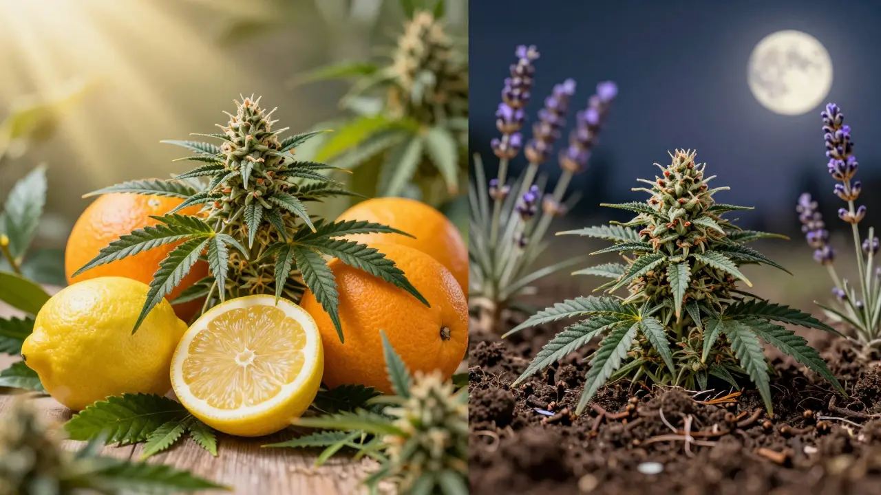 Vergleich von Zitrus- und Erdnoten als Symbole für Sativa und Indica