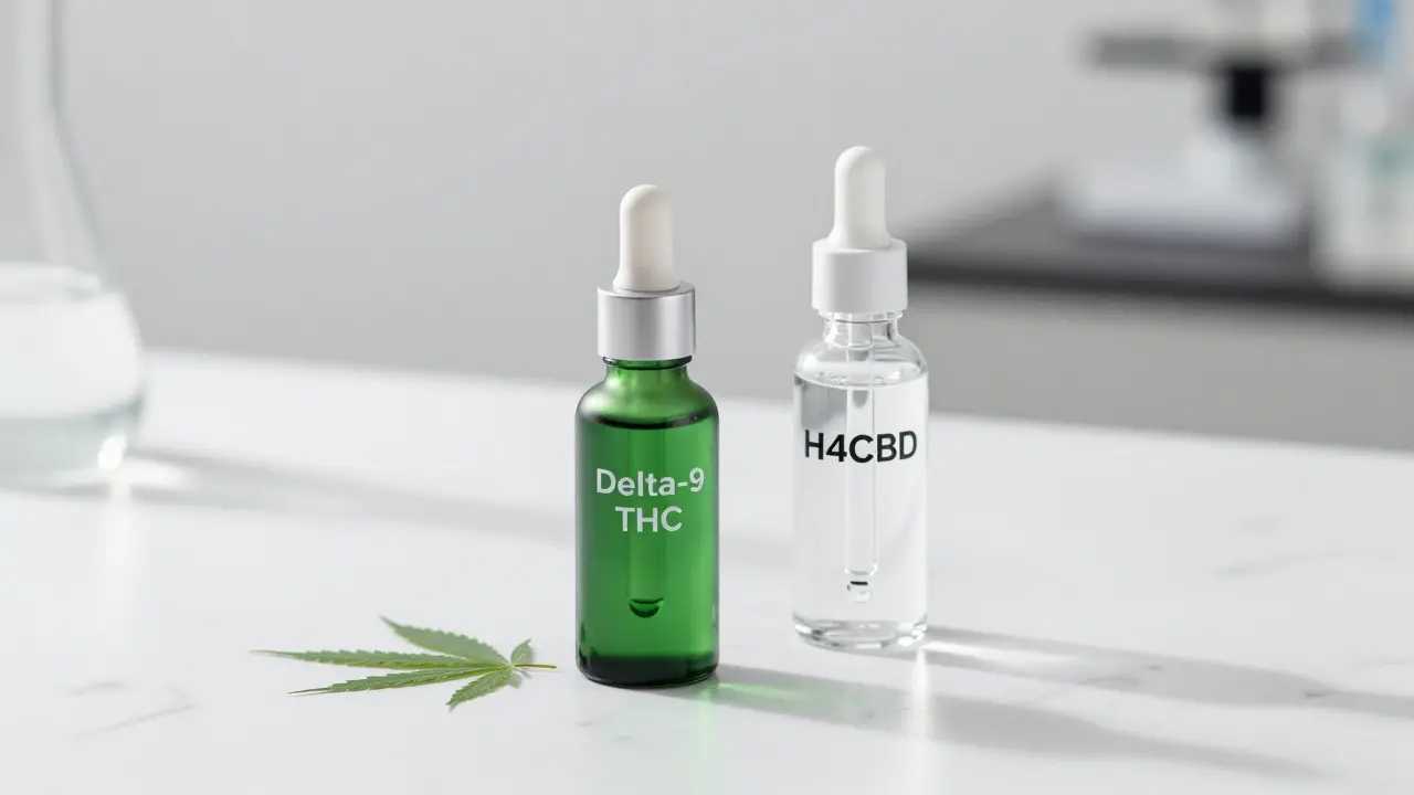Zwei Flaschen mit Cannabinoid-Ölen auf einer weißen Marmorplatte.