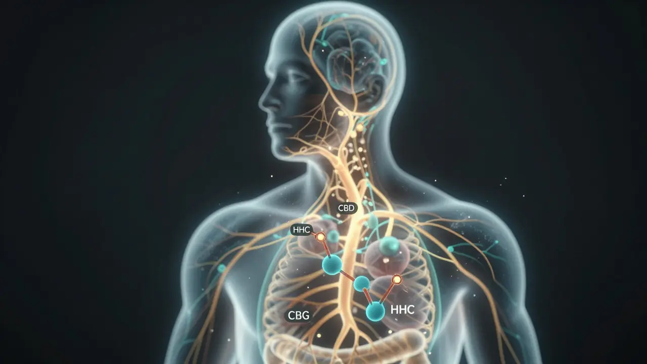Abstrakte Darstellung des Endocannabinoidsystems mit leuchtenden neuronalen Pfaden.