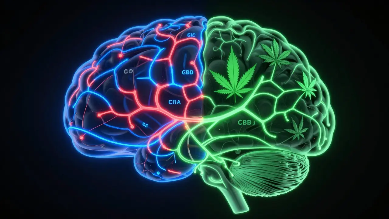 Abstrakte Darstellung des Gehirns mit Cannabis-Motiven und neuronalen Verbindungen