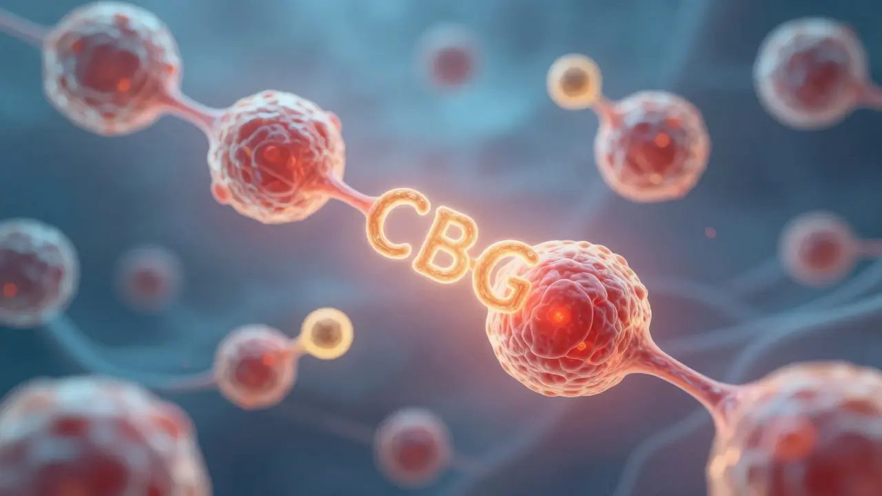 Abstrakte Darstellung von Hautzellen und CBG-Molekülen