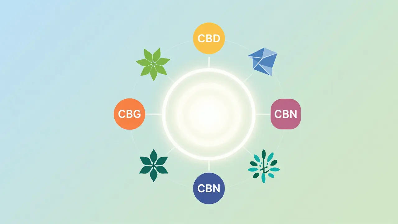 Abstrakte Grafik des Entourage-Effekts mit verbundenen Cannabinoid-Symbolen