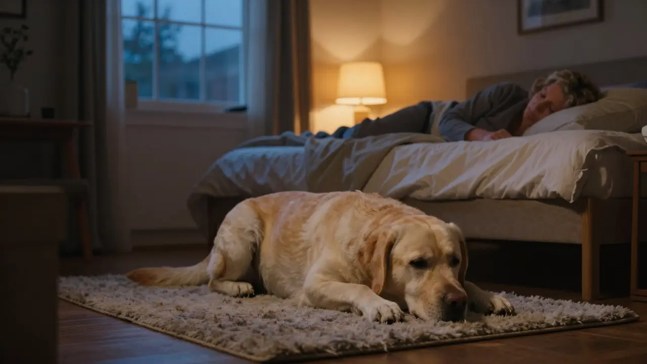 Alter Hund ruht entspannt neben schlafendem Besitzer