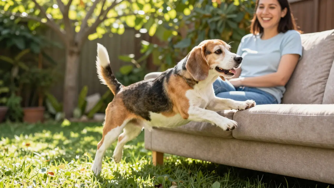 Alter Hund springt aktiv vom Sofa ins Gras