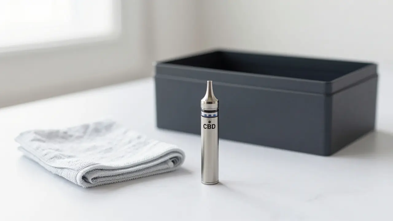 Aufrecht stehende Vape-Kartusche auf weißem Marmor für optimale Lagerung