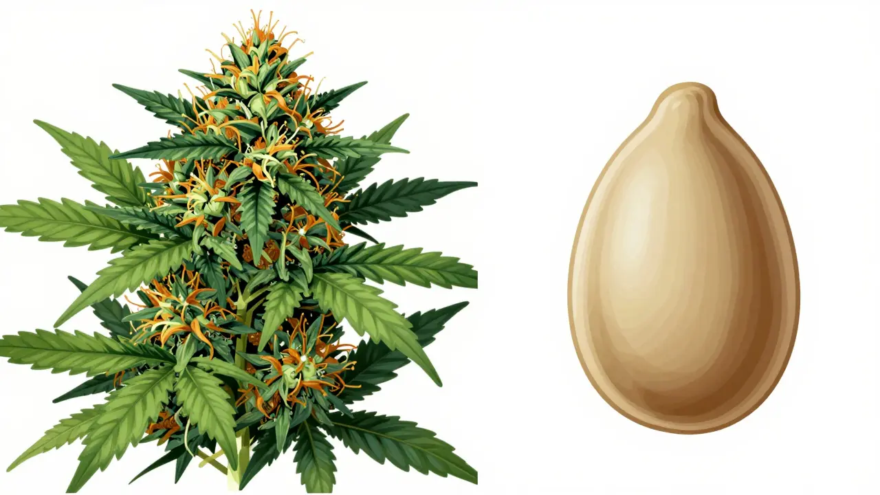 Botanische Darstellung: Trichome an Hanfblüten vs. Samen