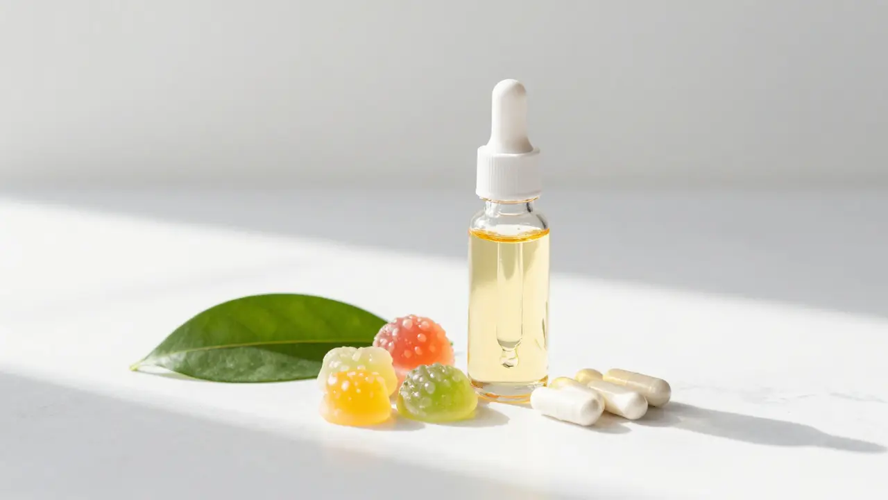 CBD-Ölflasche, Gummibärchen und Kapseln als gesunde Alternativen.
