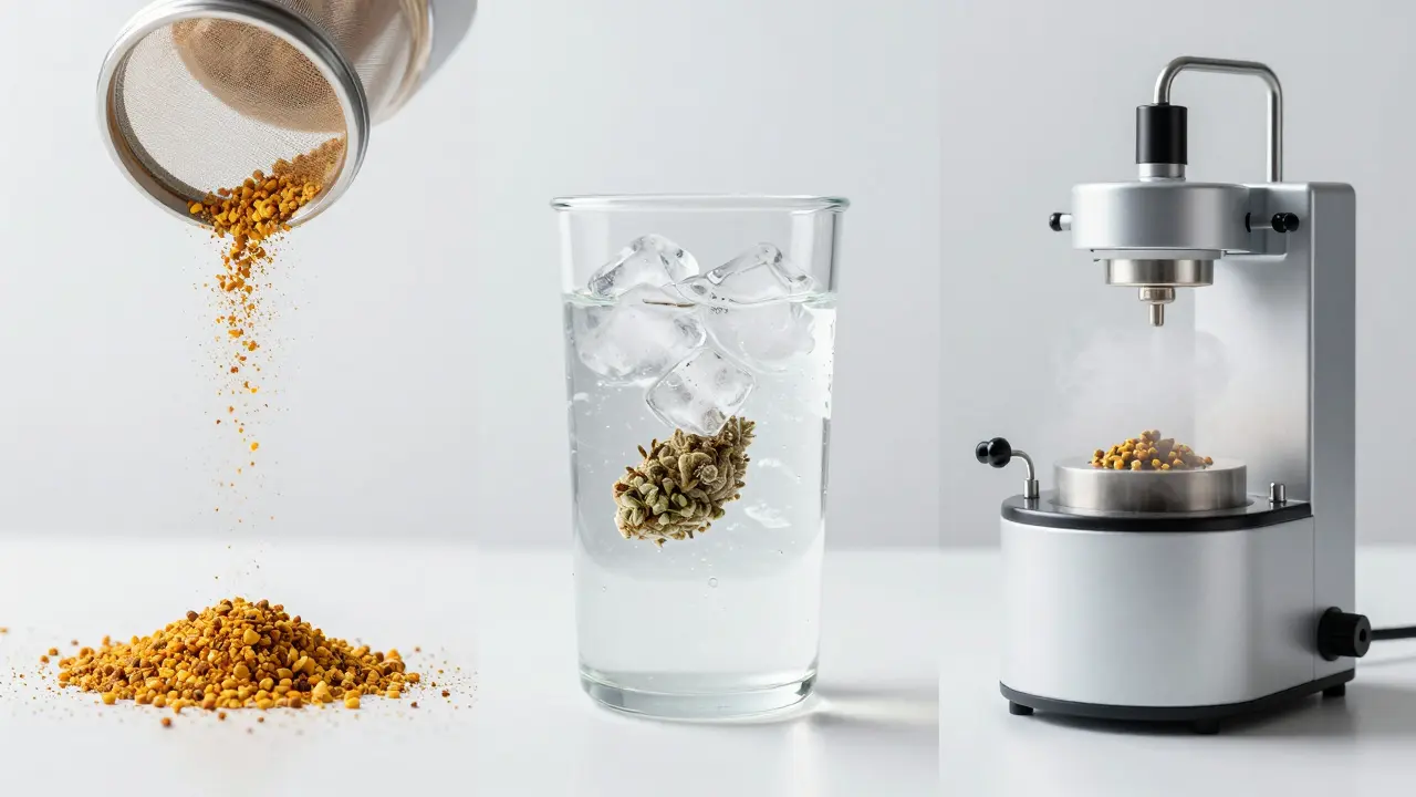 Drei Extraktionsmethoden für CBD-Hash nebeneinander: Dry Sift, Ice-Wash und CO2