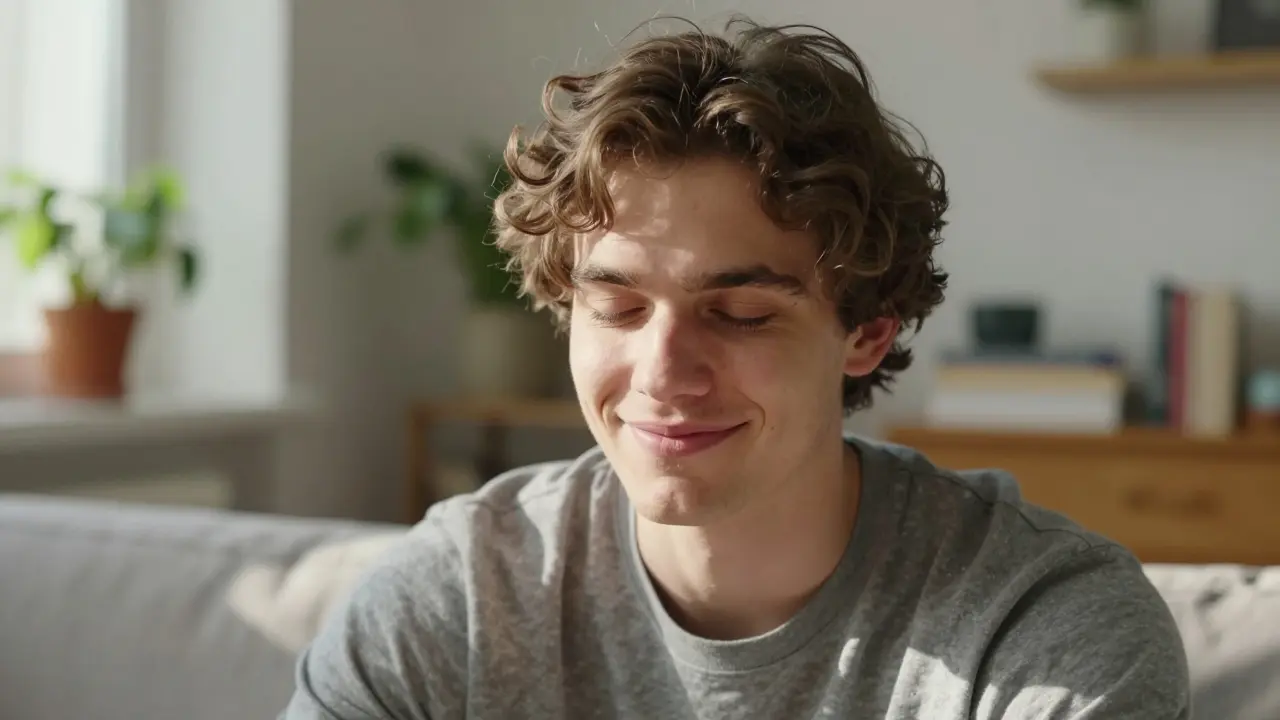 Ein entspanntes Porträt einer Person in einem sonnigen Apartment