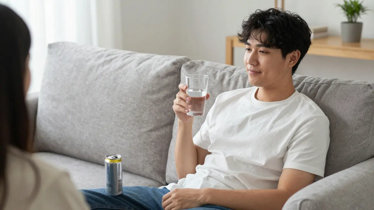 Entspannte Person im Wohnzimmer mit Wasser und Energy-Drink in sicherer Umgebung.