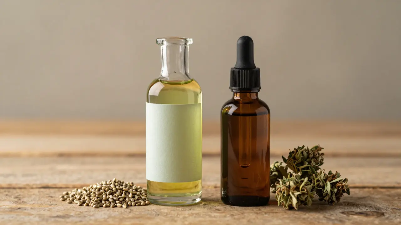 Flasche Hanföl neben CBD-Tropfflasche und Hanfblüten