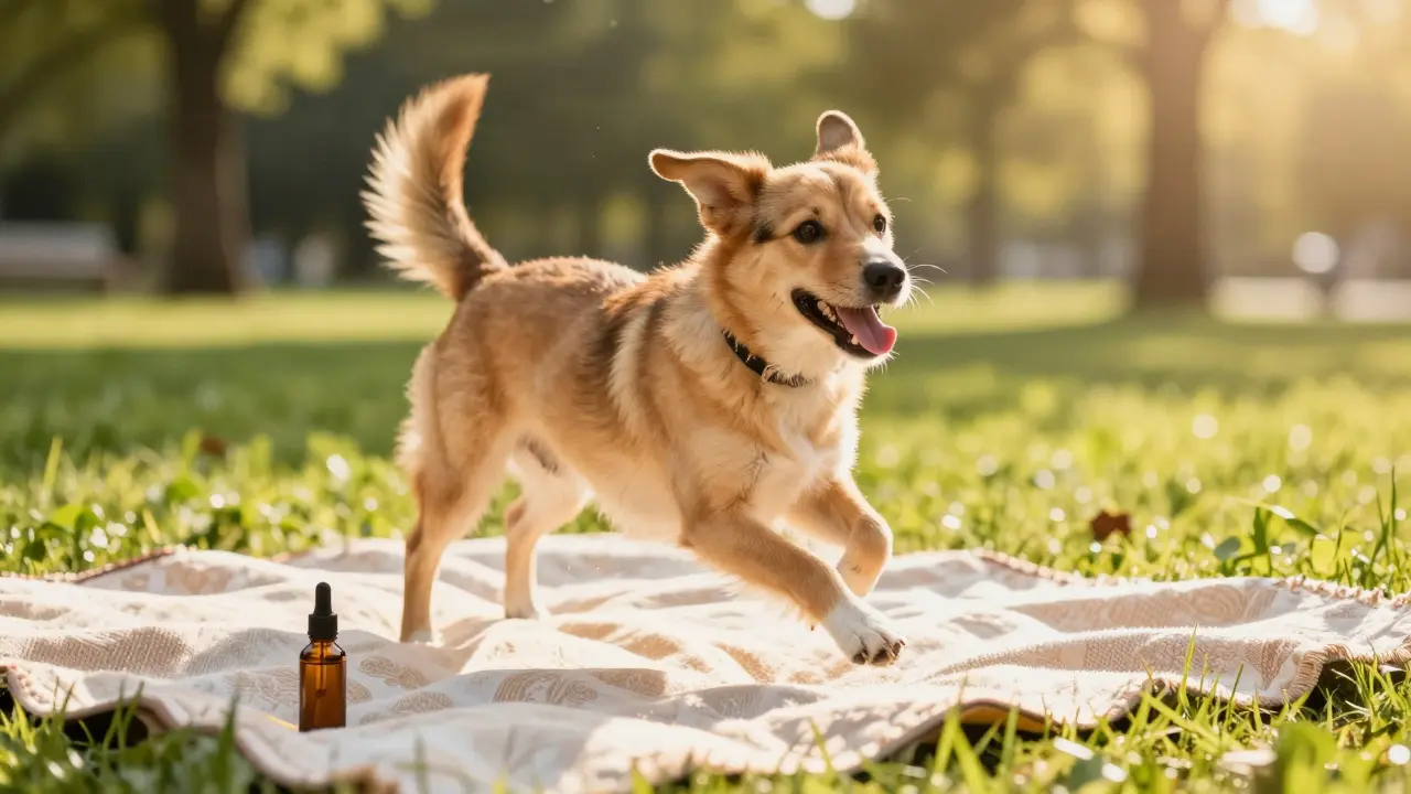 Fröhlicher Hund spielt im Park, CBD-Fläschchen auf der Picknickdecke