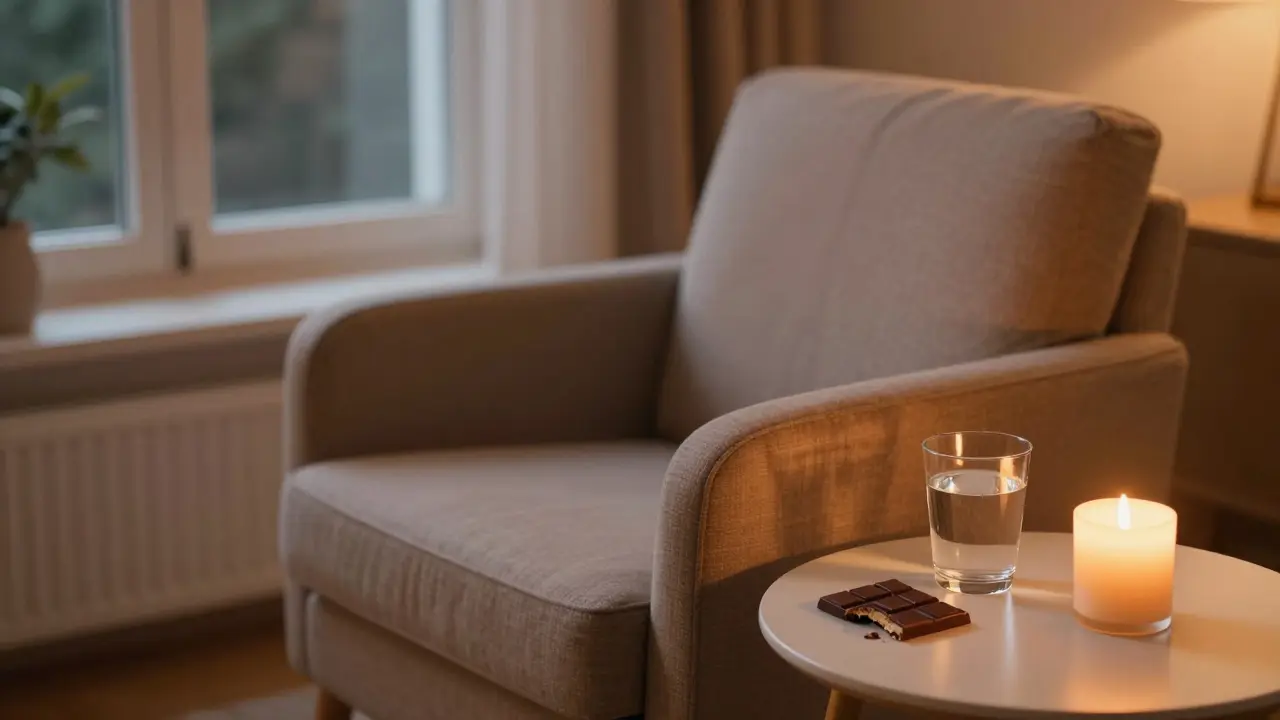 Gemütliches Wohnzimmer mit Schokolade und Kerze zum Entspannen