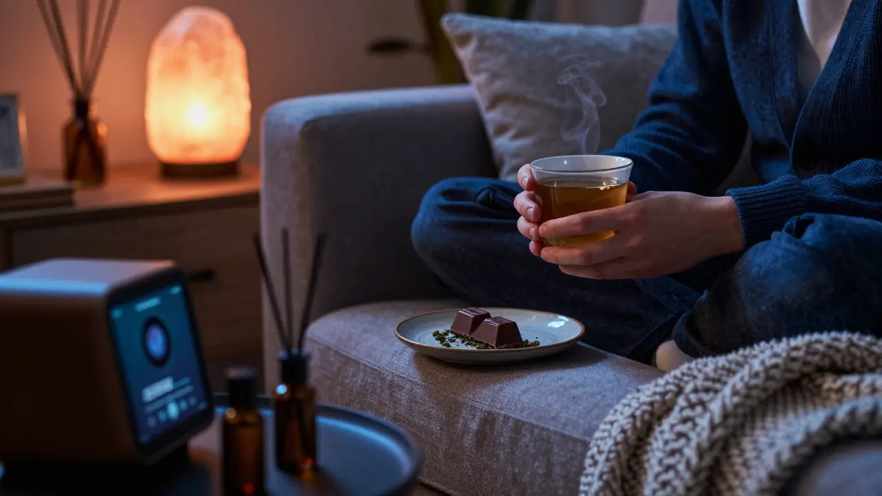 Gemütliches Wohnzimmer mit Schokolade und Tee zur Entspannung