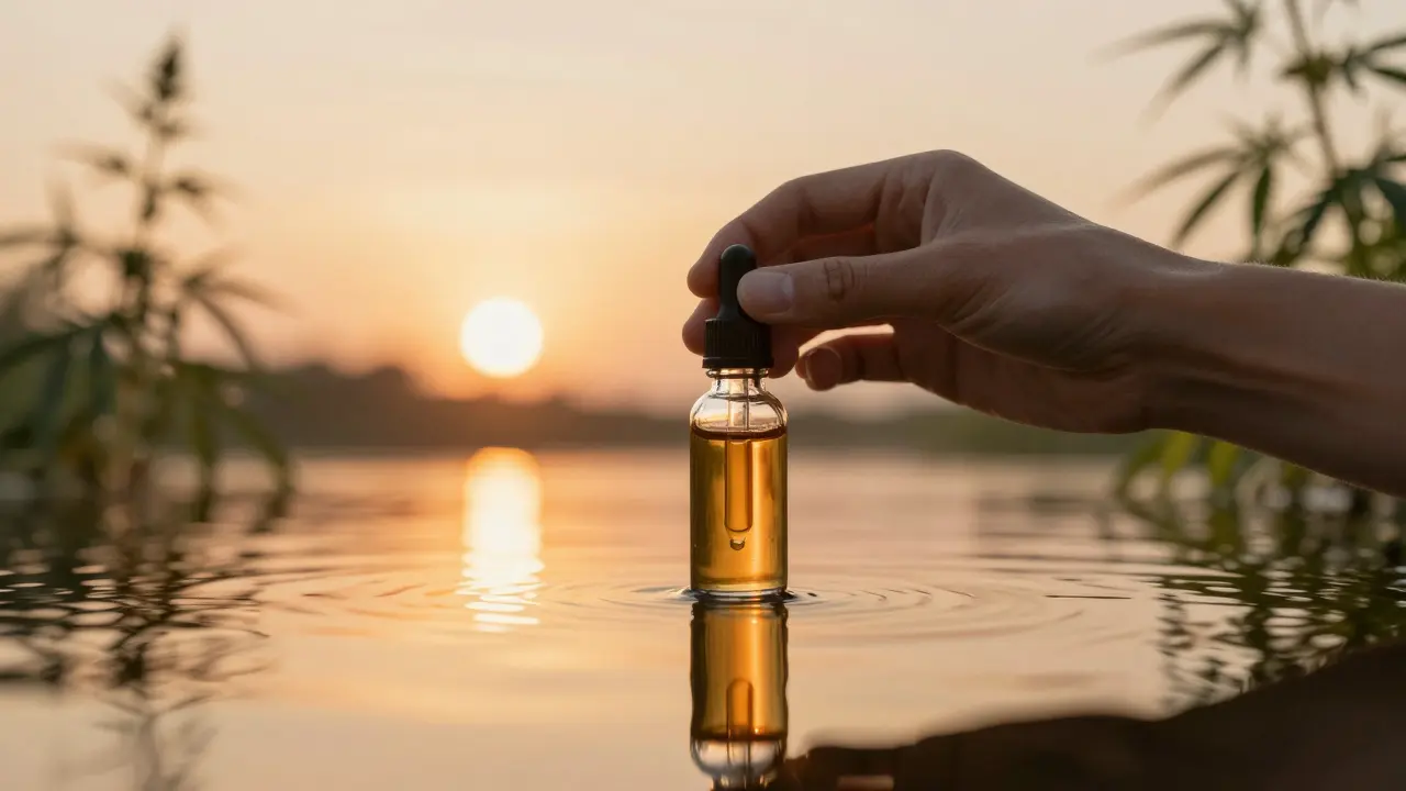 Hand hält CBD-Öl-Dropper über ruhiges Wasser bei Sonnenuntergang