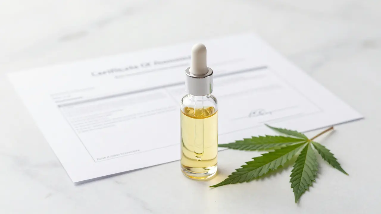 HHC-Ölflasche mit Labortest-Dokument auf Marmor