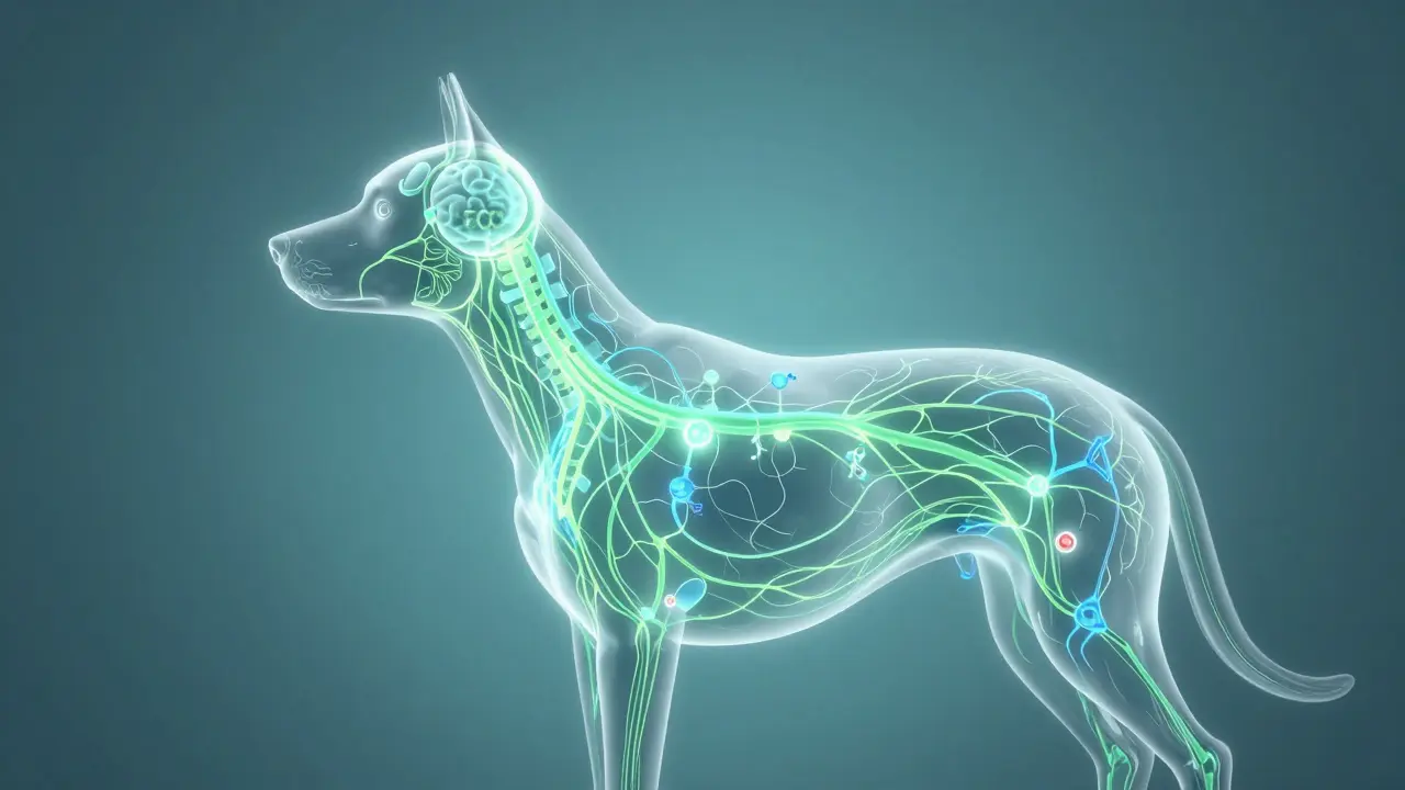 Illustration des Endocannabinoid-Systems im Hundekörper mit CBD-Wirkung