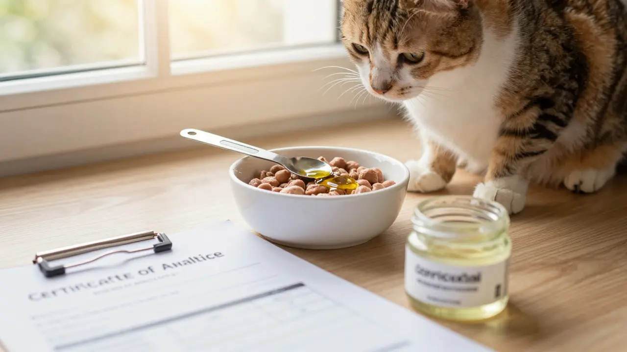 Katze neben Futternapf mit Öltropfen und Qualitätszertifikat im Vordergrund