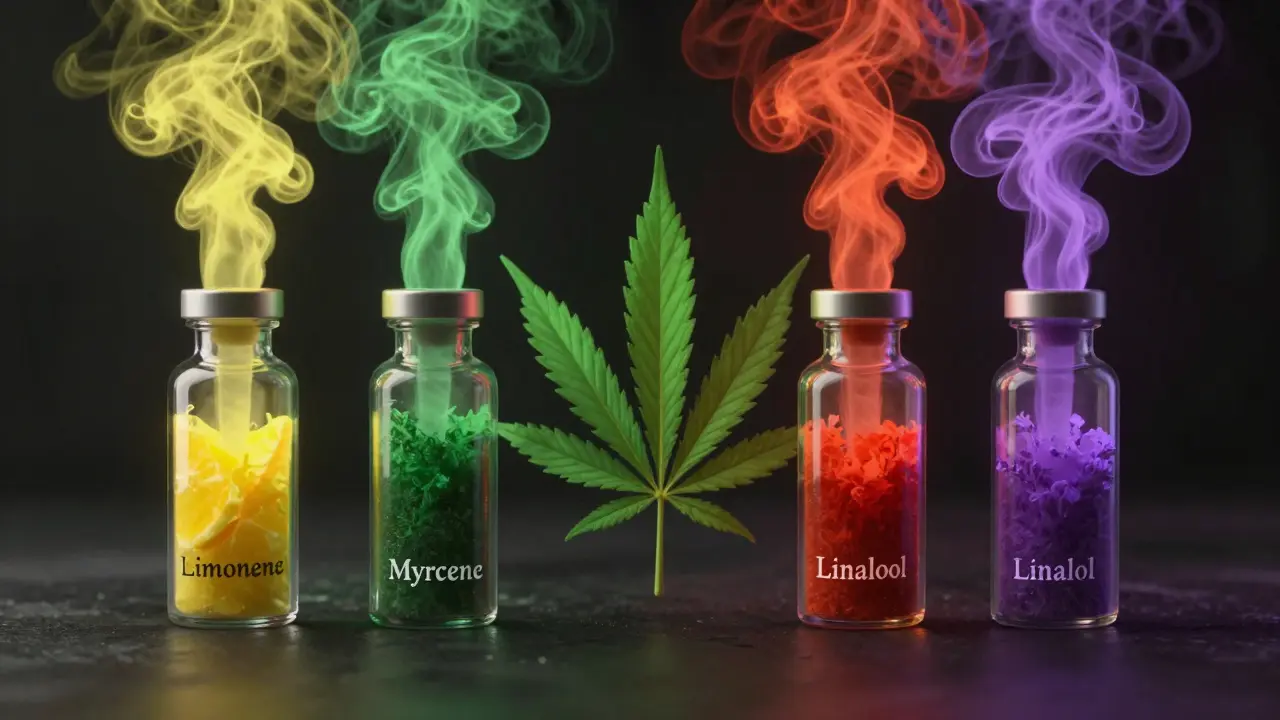 Künstlerische Darstellung von Terpene-Mist-Farben, die ein Cannabissblatt bilden