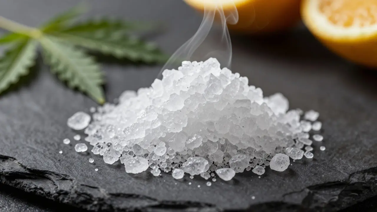 Nahaufnahme von reinem CBD-Crumble auf dunkler Oberfläche