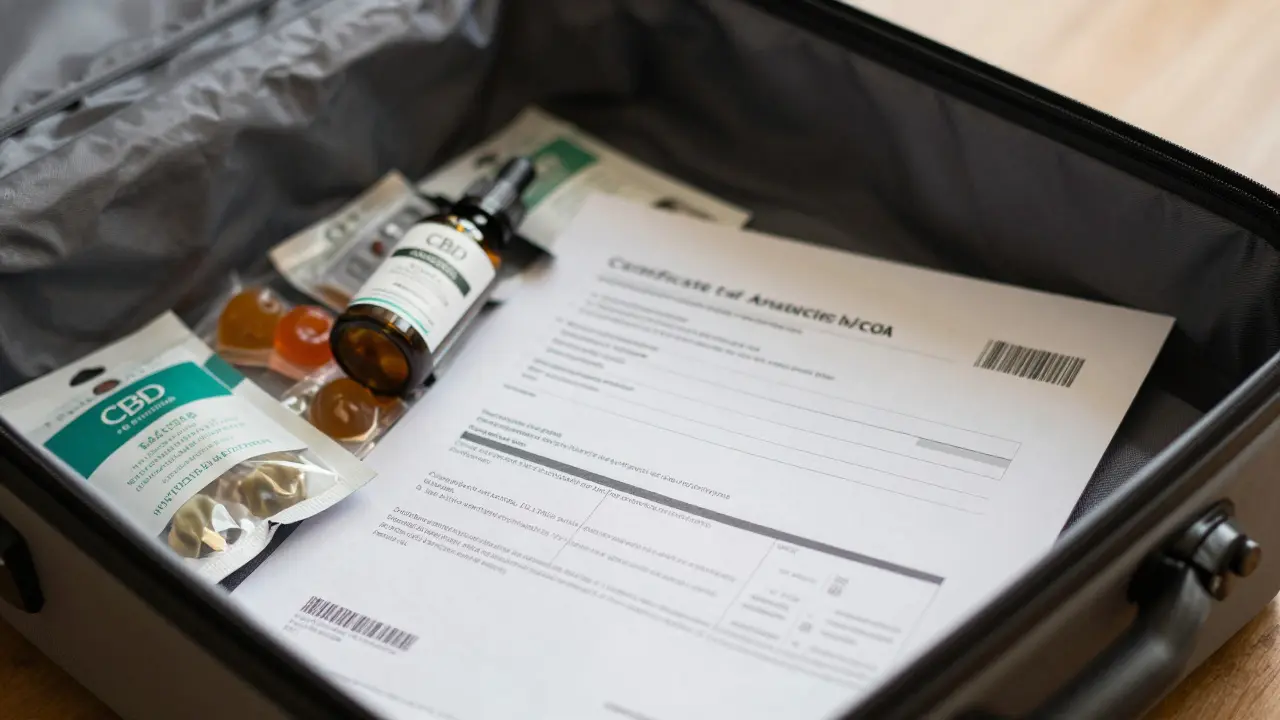 Originalverpackte CBD-Produkte und Laborzertifikat im Koffer